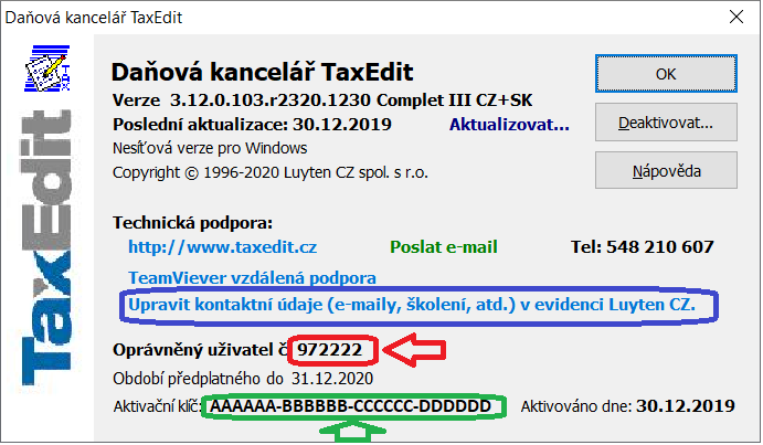 Okno Nápověda/O programu v daňové kanceláři